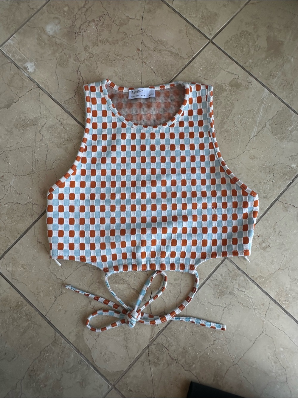 Bershka White and Orange Checkered Tie-Back Knit Crop Top